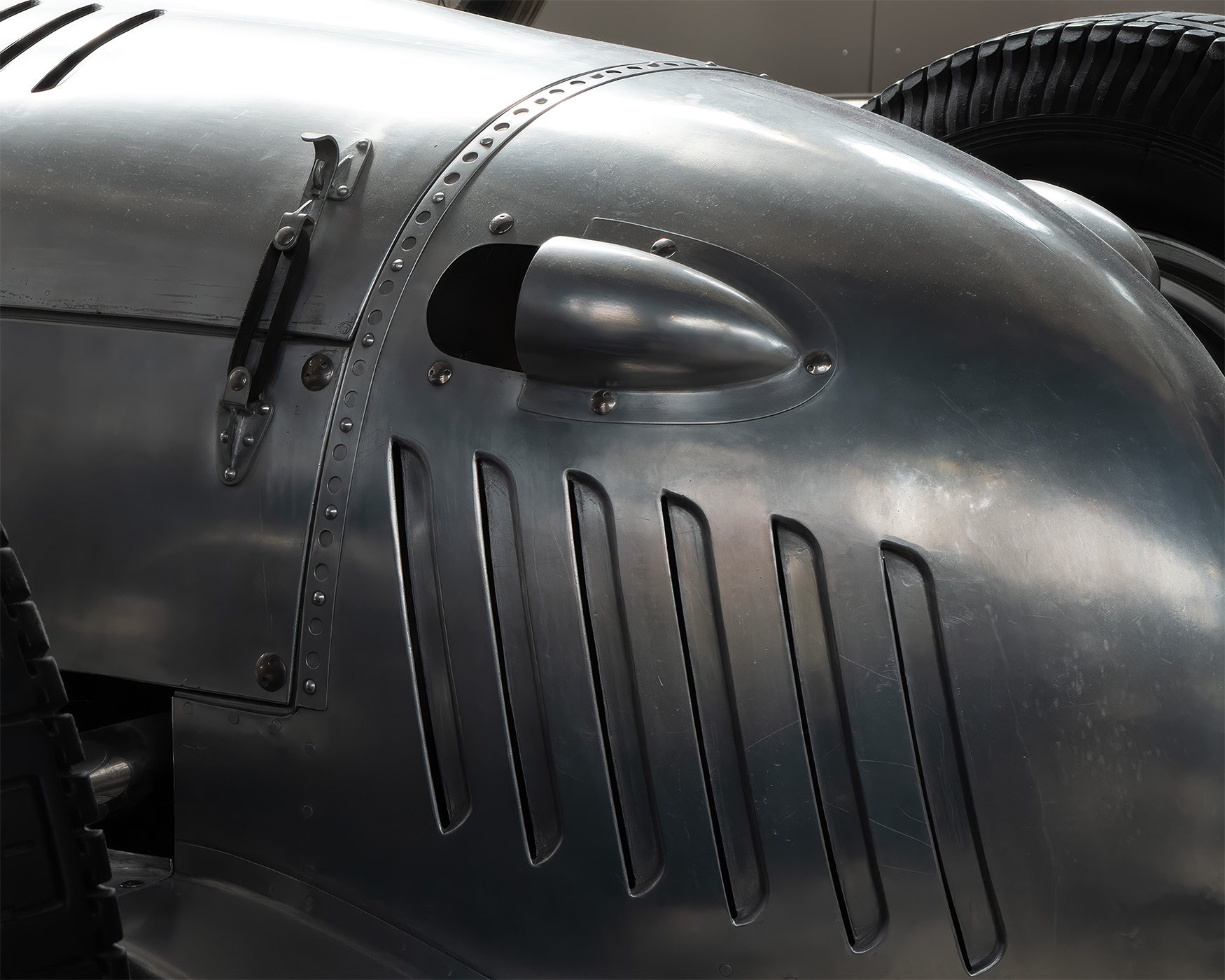 Racing car body panel with hood louvers — photograph by Don Gillikin